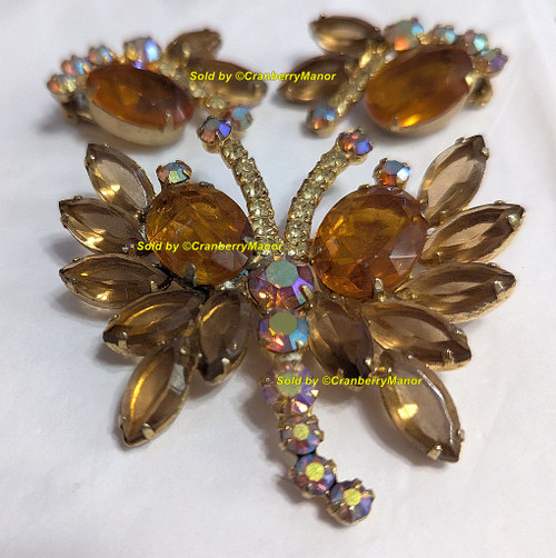 Juliana D&E Butterfly Brooch Earrings Topaz Cabochon Wing Long Tail Bug Insect Beetle Bee Pin Vintage DeLizza Elster Designer Fashion Jewelry Gift