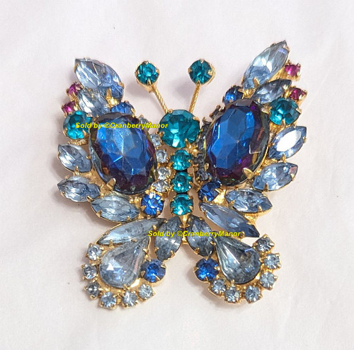 Juliana D&E Oval Rivoli Butterfly Brooch Sapphire Aquamarine Blue Bug Insect Pin Vintage DeLizza Elster Designer Fashion Jewelry Gift