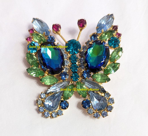 Juliana D&E Oval Rivoli Butterfly Brooch Peridot Sapphire Aquamarine Blue Bug Insect Pin Vintage DeLizza Elster Designer Fashion Jewelry Gift B