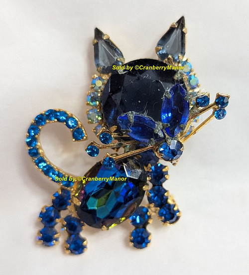 Juliana D&E Kitty Cat Brooch Standing Sapphire Blue Rivoli Pin Vintage DeLizza Elster Designer Fashion Jewelry Gift AS IS