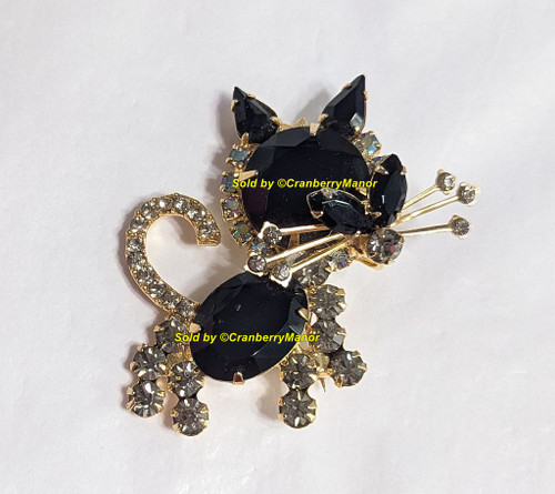 Juliana D&E Kitty Cat Brooch Standing Black Onyx Diamond Pin Vintage DeLizza Elster Designer Fashion Jewelry Gift