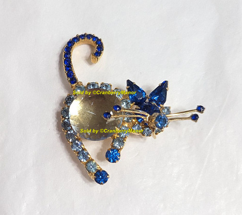 Juliana D&E Kitty Cat Brooch Arching Sapphire Blue Citrine Pin Vintage DeLizza Elster Designer Fashion Jewelry Gift AS IS