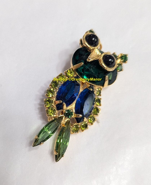 Owl Brooch Sapphire Blue Emerald Green Bird Pin Vintage Mid Century Fashion Jewelry Gift