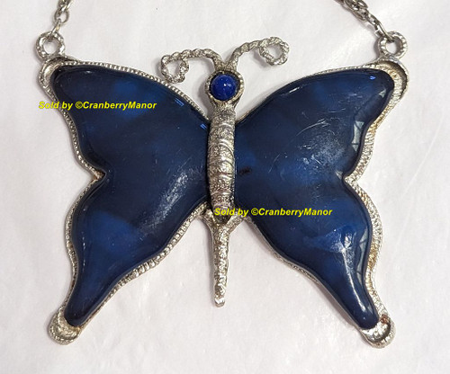 D&E Juliana Thermoset Lucite Butterfly Pendant Necklace Marbled Sapphire Blue Insect Bug Vintage Delizza Elster Designer Jewelry