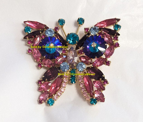 Juliana D&E Rivoli Butterfly Brooch Rose Pink Amethyst Purple Blue Green Bug Insect Pin Vintage DeLizza Elster Designer Fashion Jewelry Gift
