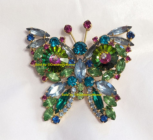 Juliana D&E Rivoli Butterfly Brooch Aquamarine Blue Fuchsia Green Bug Insect Pin Vintage DeLizza Elster Designer Fashion Jewelry Gift