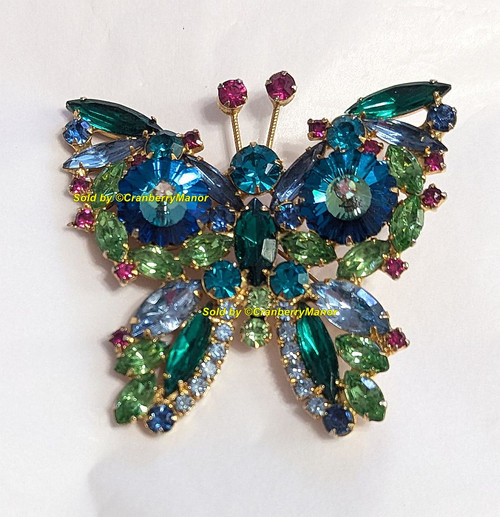 Juliana D&E Rivoli Butterfly Brooch Emerald Green Sapphire Blue Fuchsia Bug Insect Pin Vintage DeLizza Elster Designer Fashion Jewelry Gift