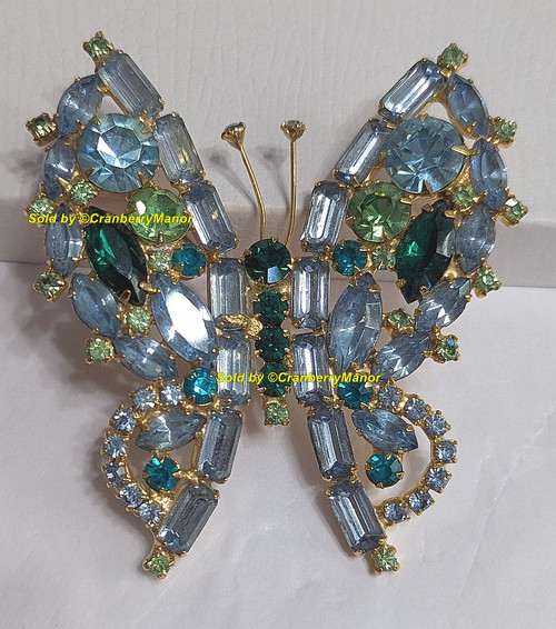 D&E Juliana Baguette Wing Butterfly Brooch Aquamarine Blue Emerald Green Insect Bug Pin Vintage DeLizza Elster Designer Fashion Jewelry Gift