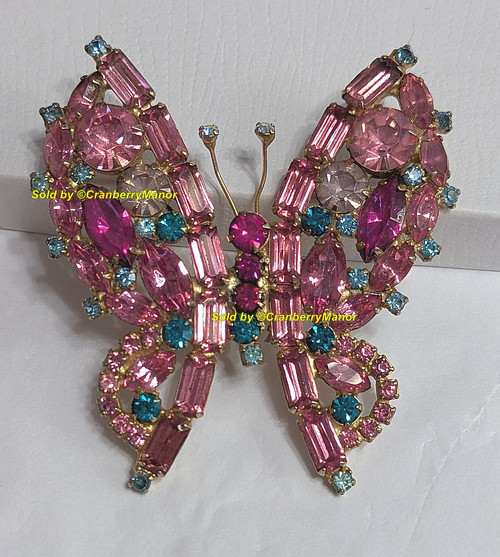 D&E Juliana Baguette Wing Butterfly Brooch Rose Pink Fuchsia Teal Insect Bug Pin Vintage DeLizza Elster Designer Fashion Jewelry Gift