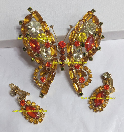 D&E Juliana Baguette Wing Butterfly Brooch Earrings Topaz Sun Citrine Insect Bug Pin Vintage DeLizza Elster Designer Fashion Jewelry Gift
