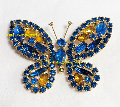 Juliana D&E Butterfly Brooch XL Sapphire Blue Topaz Marquis Bug Insect Pin Vintage DeLizza Elster Designer Fashion Jewelry Gift