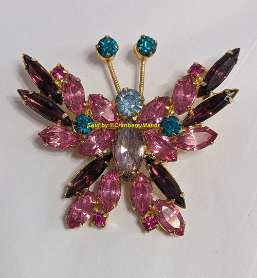  D&E Juliana Butterfly Brooch Blue Tip Antennae Rose Pink Amethyst Purple Insect Bug Pin Vintage DeLizza Elster Designer Fashion Jewelry Gift