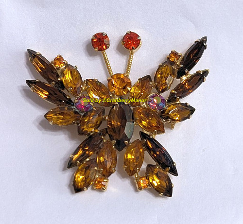 D&E Juliana Butterfly Brooch Sun Tip Antennae Smokey Topaz Insect Bug Pin Vintage DeLizza Elster Designer Fashion Jewelry Gift