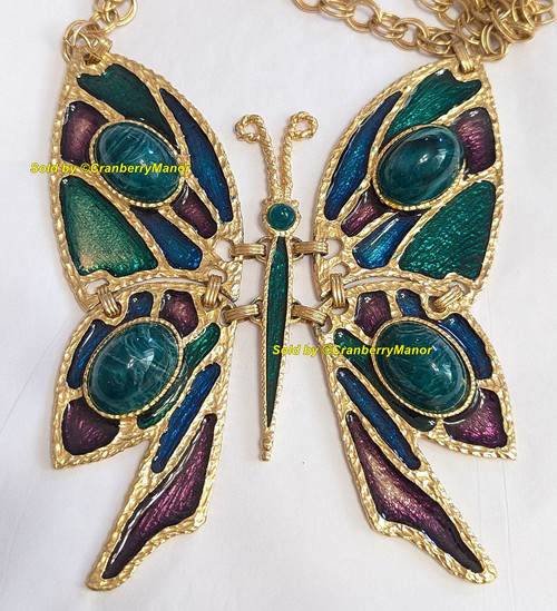 Juliana D&E Butterfly Pendant Necklace XL Marbled Emerald Green Sapphire Blue Enamel Jewelry Vintage Delizza Elster Designer Fashion Gift