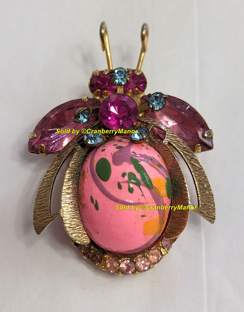 D&E Juliana Splatter Wood Bead Bug Brooch Pink Beetle Bee Insect Pin Vintage DeLizza Elster Designer Fashion Jewelry Gift AS IS