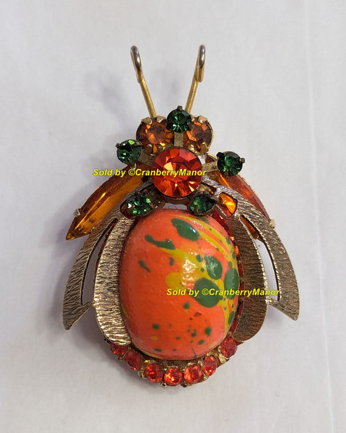 D&E Juliana Splatter Wood Bead Bug Brooch Sun Green Beetle Bee Insect Pin Vintage DeLizza Elster Designer Fashion Jewelry Gift