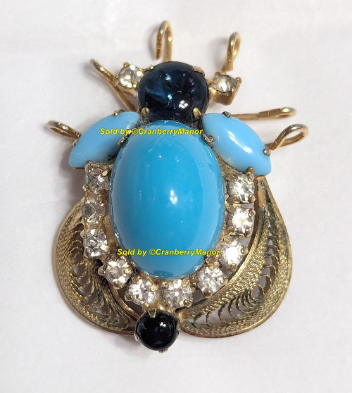 D&E Juliana Filigree Wing Bug Brooch Blue Beetle Bee Insect Pin Vintage DeLizza Elster Designer Fashion Jewelry Gift AS IS