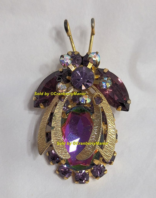 D&E Juliana Bug Brooch Amethyst Purple Beetle Bee Fly Insect Metal Down Wing Vintage DeLizza Elster Designer Jewelry Gift