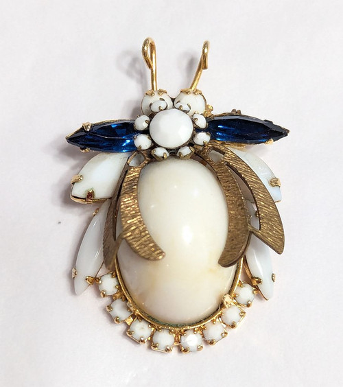 Juliana D&E Brooch Sapphire Blue White Milk Glass Beetle Bug 3 Wing Vintage DeLizza Elster Designer Jewelry AS IS