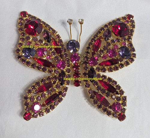 Juliana D&E Butterfly Brooch Reinforced Wing Tip Antennae Ruby Red Amethyst Purple Bug Insect Pin Vintage DeLizza Elster Designer Fashion Jewelry Gift AS IS