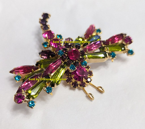 D&E Juliana Dragonfly Brooch Amethyst Purple Rose Pink Bug Insect Pin Vintage DeLizza Elster Designer Fashion Jewelry Gift