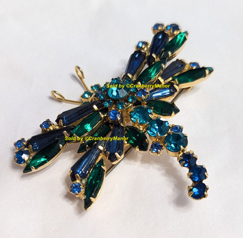 D&E Juliana Dragonfly Brooch Sapphire Blue Emerald Green Bug Insect Pin Vintage DeLizza Elster Designer Fashion Jewelry Gift
