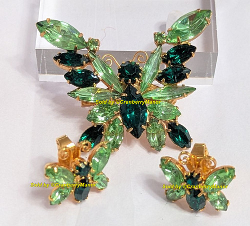 D&E Juliana Mini Butterfly Brooch Earrings Emerald Peridot Green Bug Insect Pin Vintage DeLizza Elster Designer Fashion Jewelry Gift
