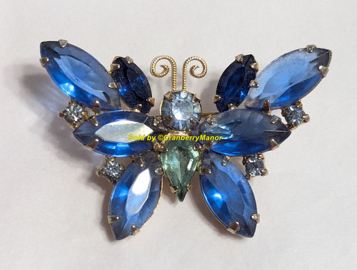D&E Juliana Mini Butterfly Brooch Sapphire Blue Tear Drop Bug Insect Pin Vintage DeLizza Elster Designer Fashion Jewelry Gift