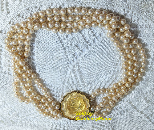 Les Bernard Pearl Rose 3 Strand Necklace Vintage Designer Jewelry