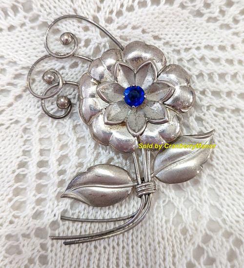 Sterling Silver Blue Rhinestone Flower Brooch Vintage Fine Jewelry