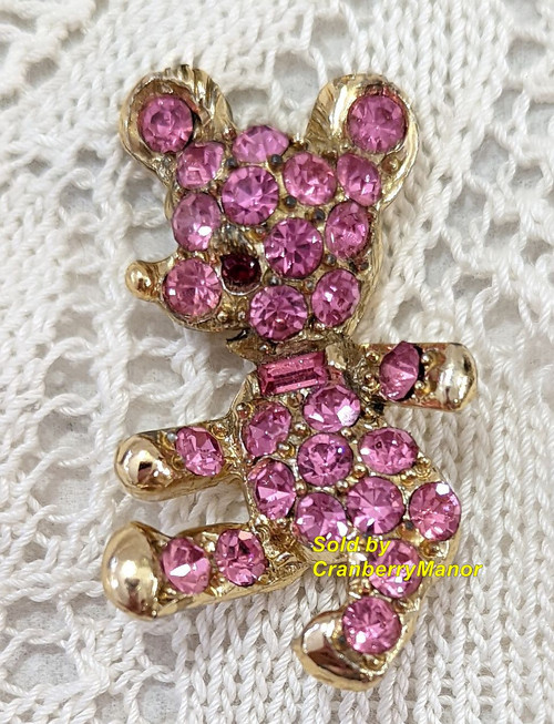 Pell Pink Rhinestone Teddy Bear Brooch Vintage Designer Fashion Jewelry