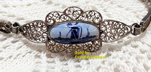 Delft Silver Filigree Porcelain Bracelet Vintage Designer Delftware