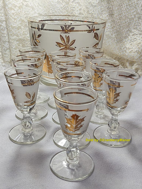 Vintage 60s Set Of 2 Gold Fall Leaf Drinking Glasses Leaves By Libbey