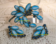 Juliana D&E Brooch Earrings Blue Two Tone Milk Glass Light Spray Pin Vintage Delizza Elster Designer Jewelry