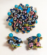 Juliana D&E Brooch Pendant Earrings Blue Petite Fleur Dot Pin Necklace Vintage DeLizza Elster Designer Fashion Jewelry