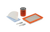 Generac 7216 Maintenance Kit with air filter, oil filter, funnel, two spark plugs, and rag