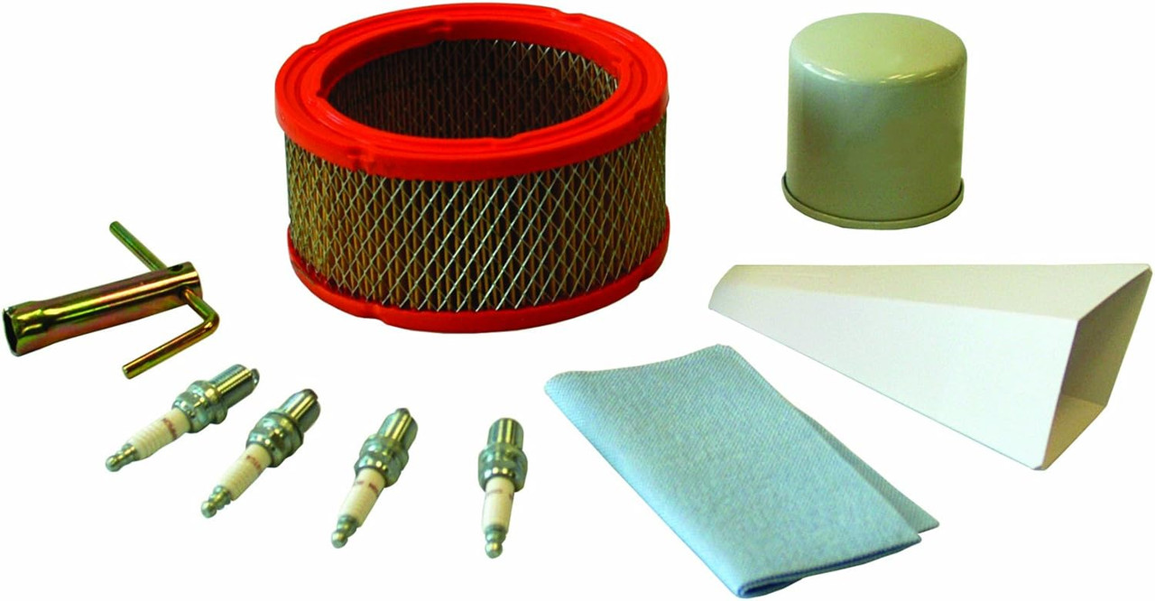 Generac 5984 Maintenance Kit with Air Filter, Oil Filter, funnel, 4 spark plugs, and rag