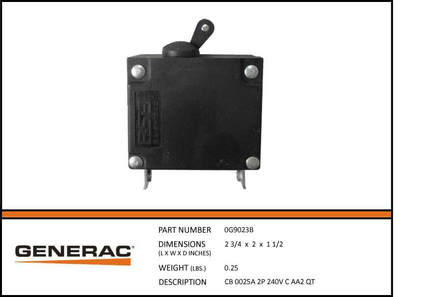 Generac 0G9023B 25A Circuit Breaker replacement with specs