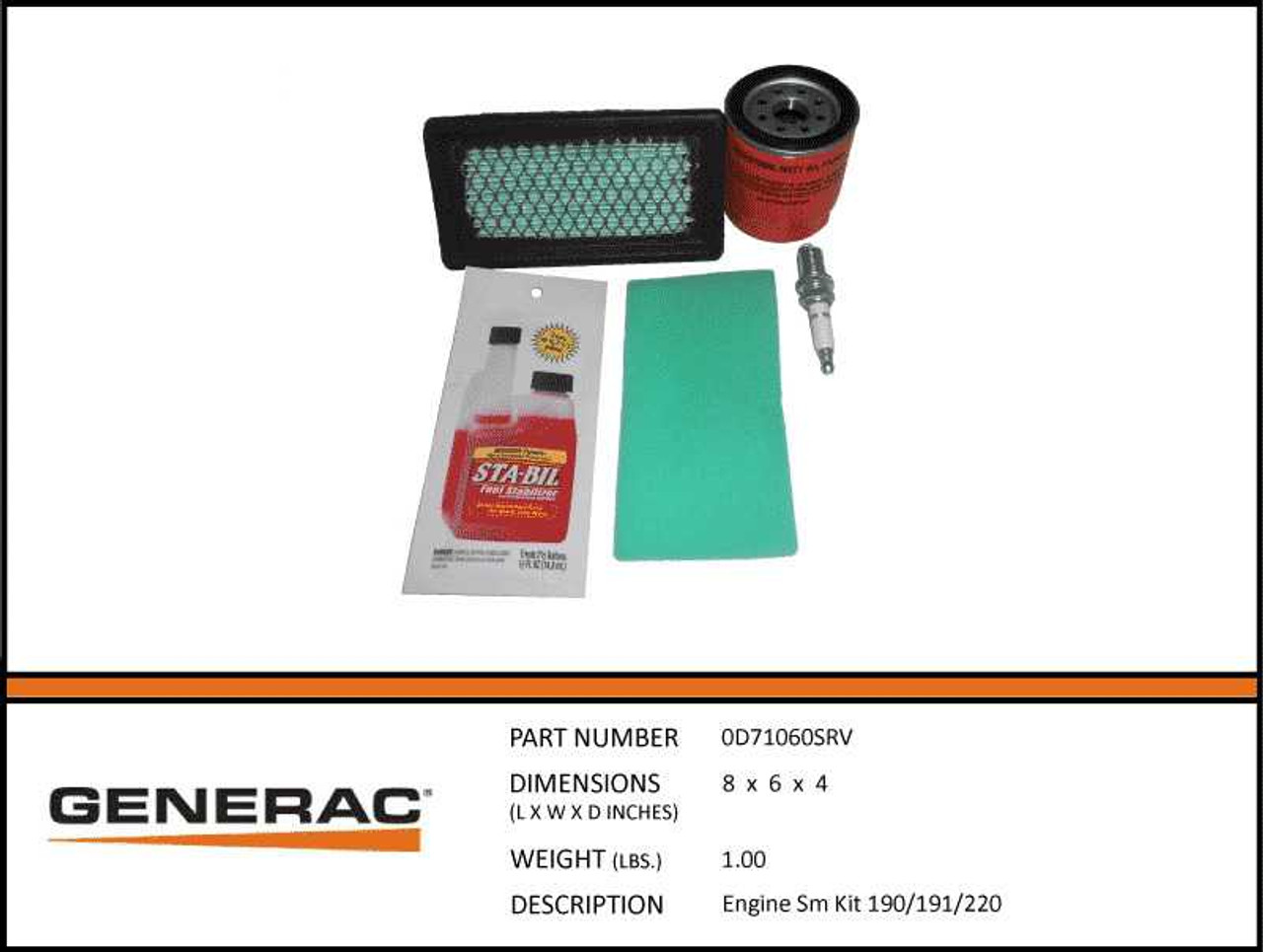 Generac 0D71060SRV Generator Maintenance Kit with Specs