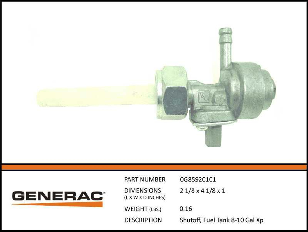 Generac 0G85920101 Fuel Tank Shutoff Valve Spec Sheet