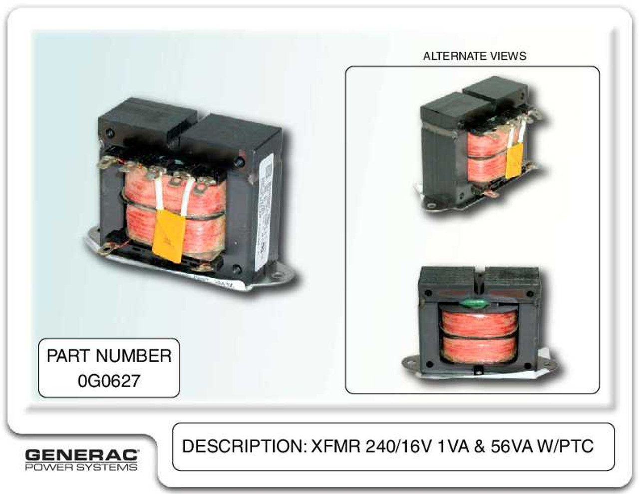 Generac 0G0627 RV Transformer XMFR 240/16V 1VA 56VA w/ PTC