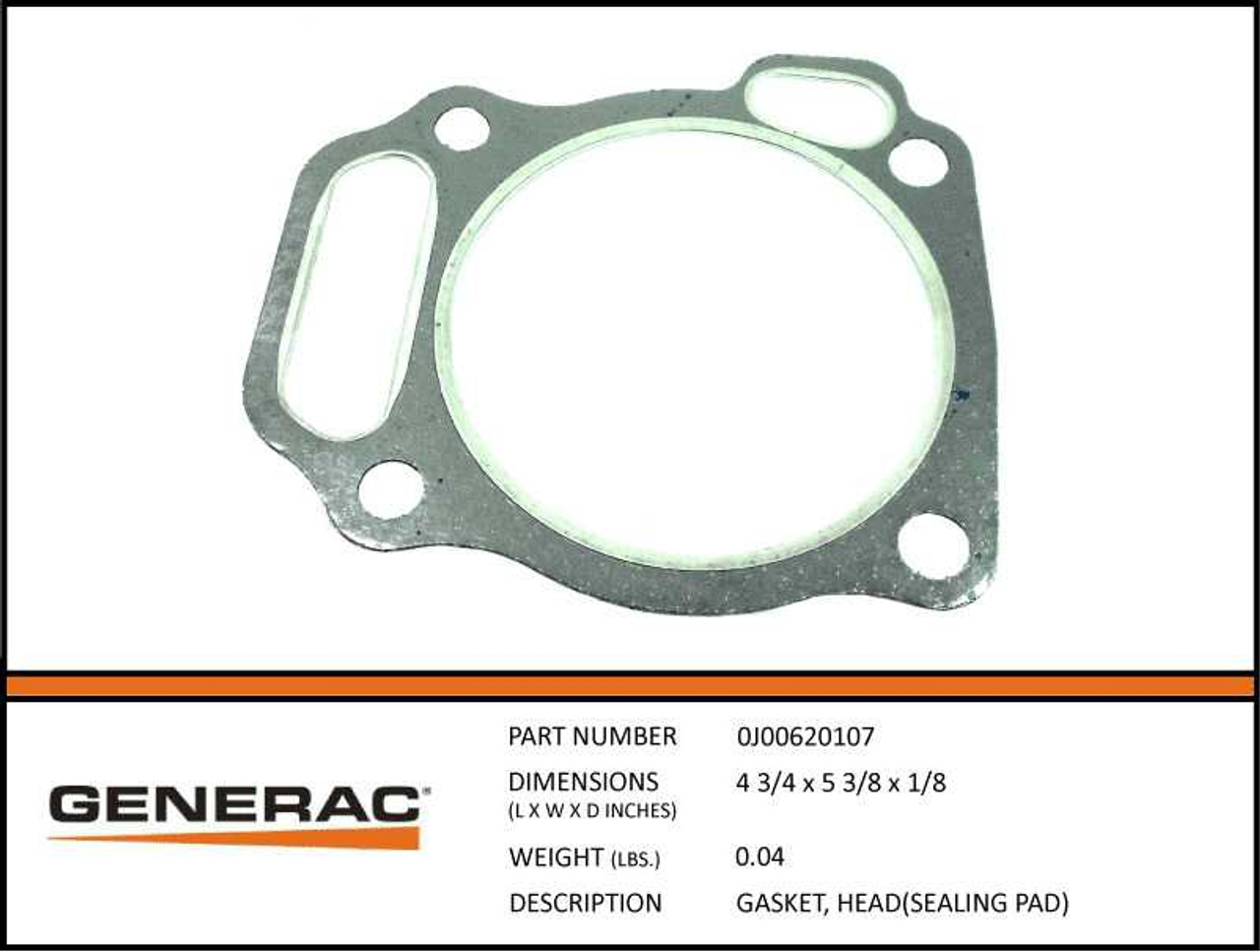 Generac 0J00620107 Head Gasket with Specs