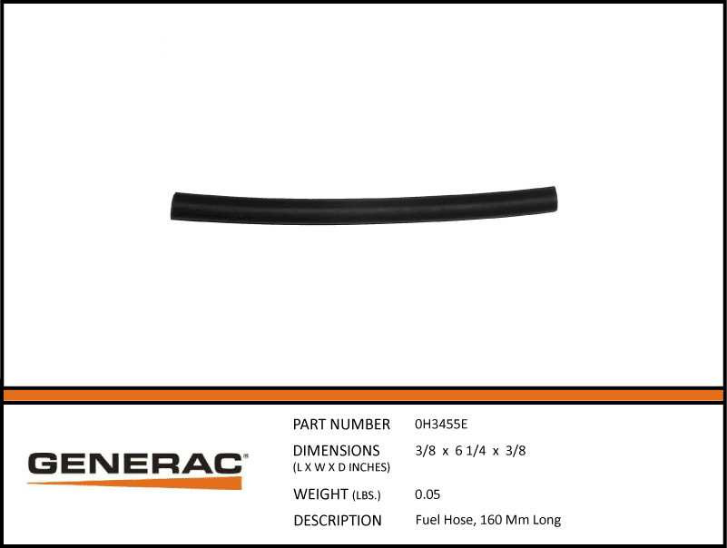 Generac 0H3455E 160mm Long Fuel Hose with specs
