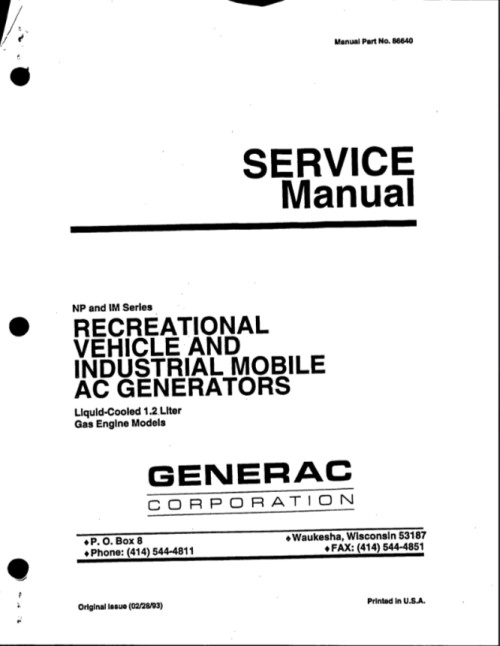 Generac 086640 Diagnostic Repair Manual for Liquid-Cooled Generator