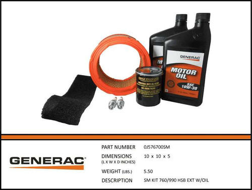 Generac 0J576700SM Generator Maintenance Kit with Oil, Filters, and Spark Plugs