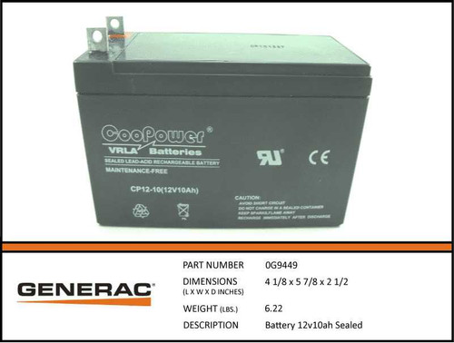 Genuine OEM Generac 0G9449 12V 9Ah Sealed Battery