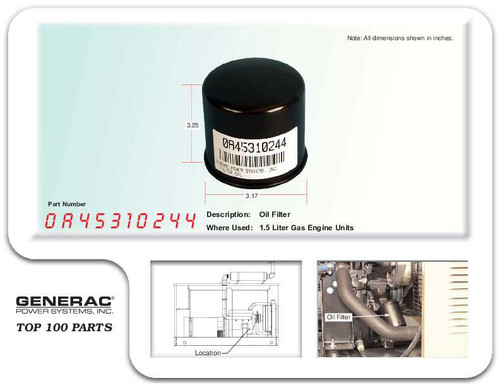 Generac 0A45310244 Oil Filter Spec Sheet