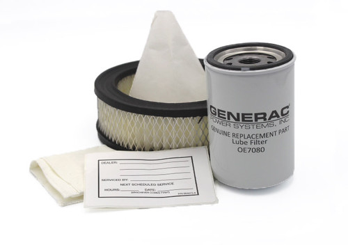 Generac 0G020700SM Maintenance Kit with air filter, oil filter, and funnel