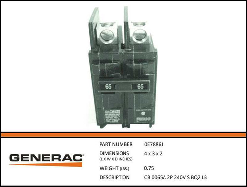 Generac 0E7886J Circuit Breaker 65A 2 Pole 240V