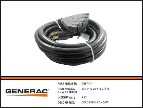 Generac 0G5743A 20ft Extension Cord